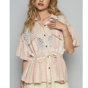 POL Perfection in Pink peplum shacket w/intricate lace details+tie waist Sz S